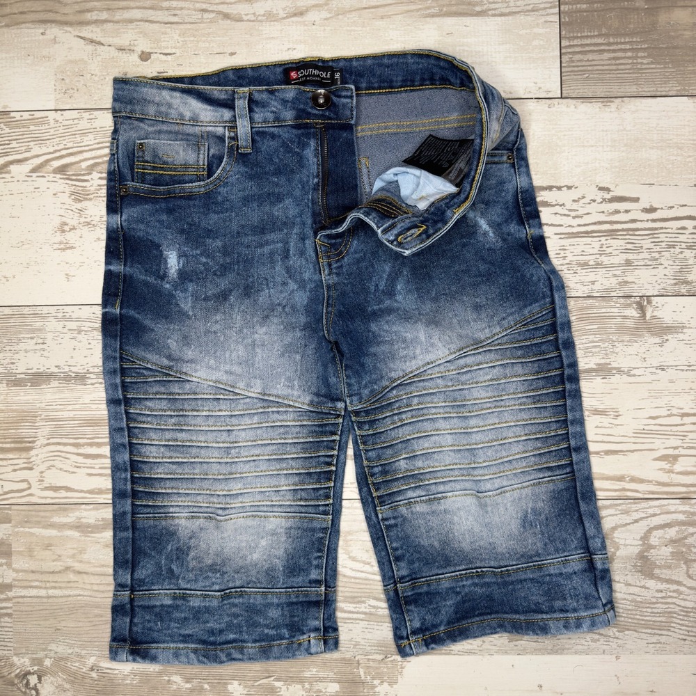Southpole Shorts Boys 16 Blue Denim Distressed Casual Flat‎ Front Regular Fit - Picture 7 of 12